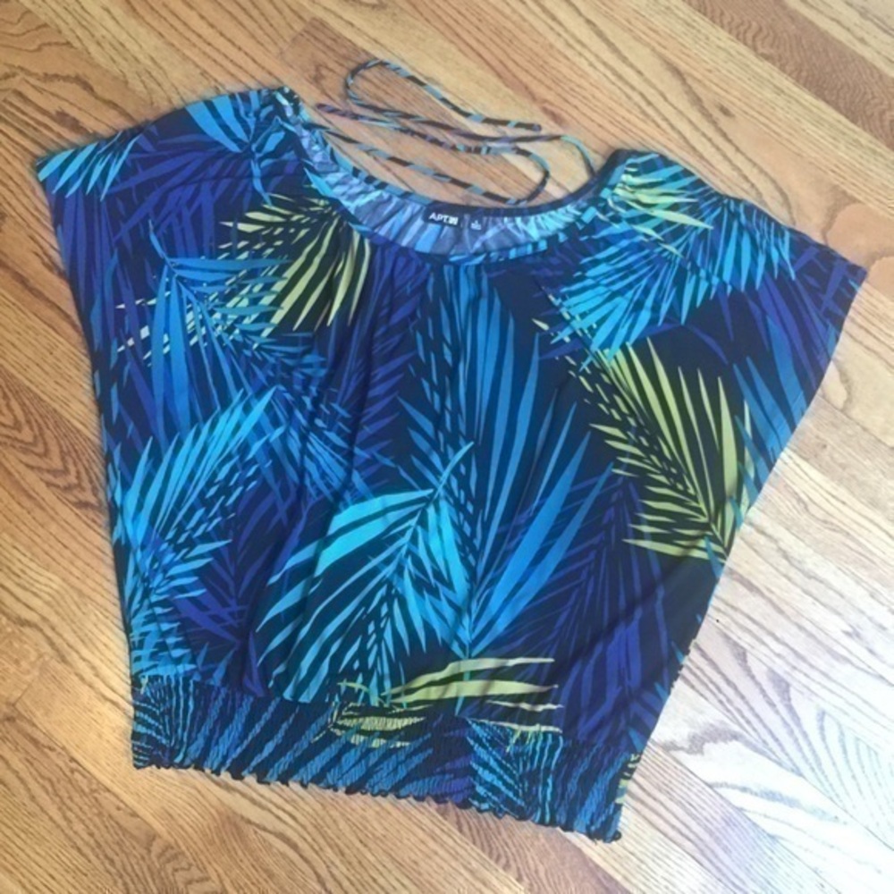 Apt 9 Blue Purple Palm Leaves On Black Polyester Poncho Blouse Flutter Sleeves S